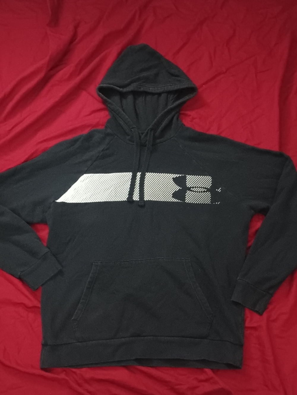 Under Armour Men’s Black Hoodie with White Graphic Stripe Size Large Loose Fit